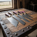 5-Piece Damascus Knife Set with Red Pakkawood, Brass Bolster, Cleaver and Bread Knife
