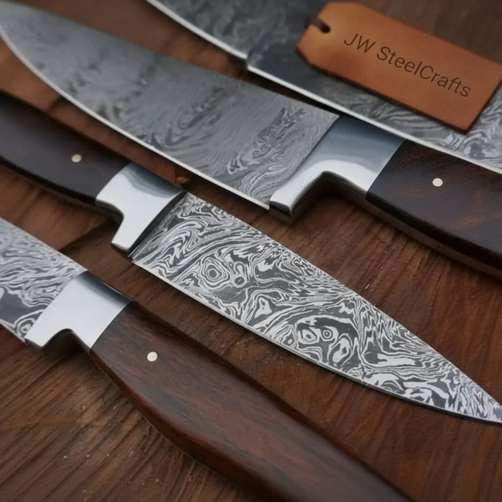 4-Piece Damascus Knife Set Walnut Handle with Floral Pattern Blades