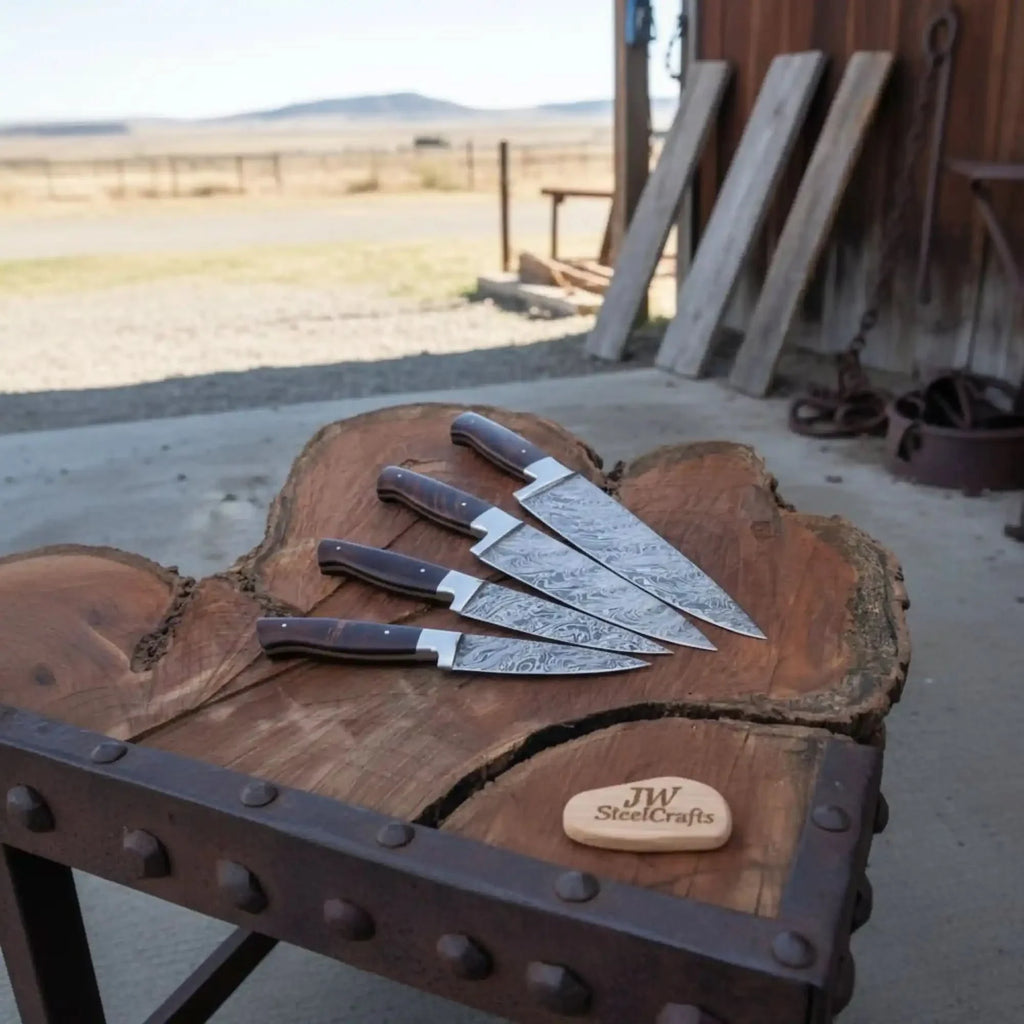 4-Piece Damascus Knife Set Walnut Handle with Floral Pattern Blades