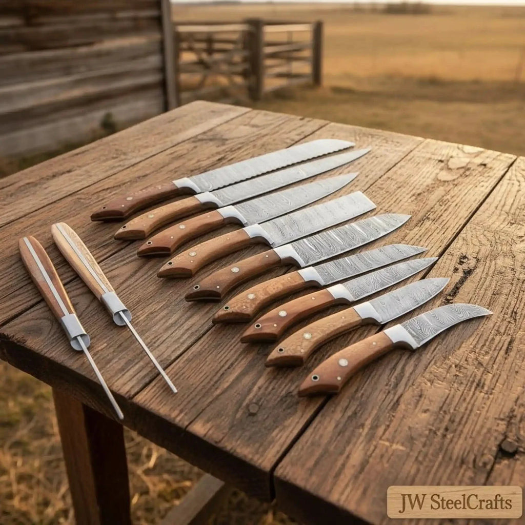 9-Piece Handmade Damascus Knife Set with Walnut Wood Handle
