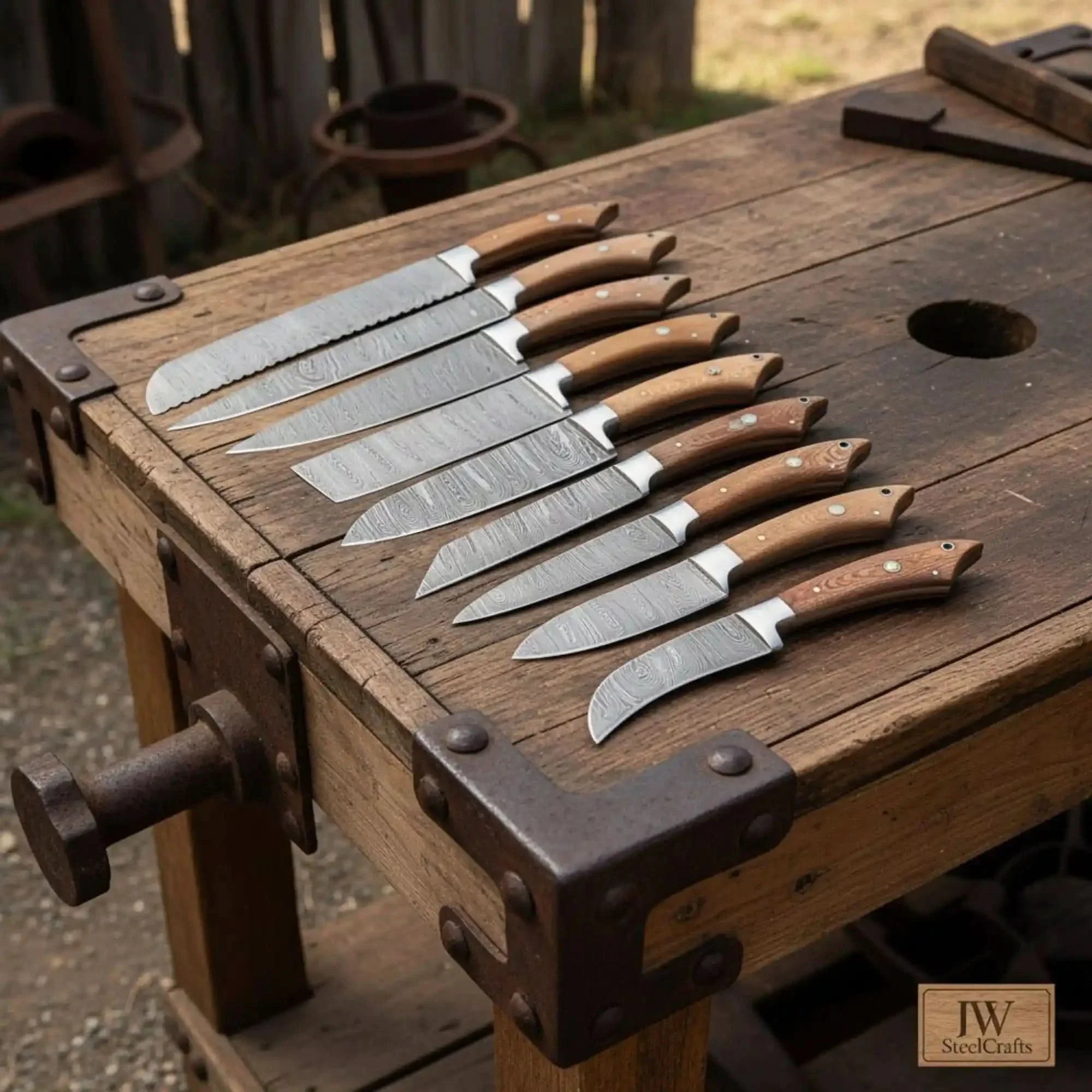 9-Piece Handmade Damascus Knife Set with Walnut Wood Handle
