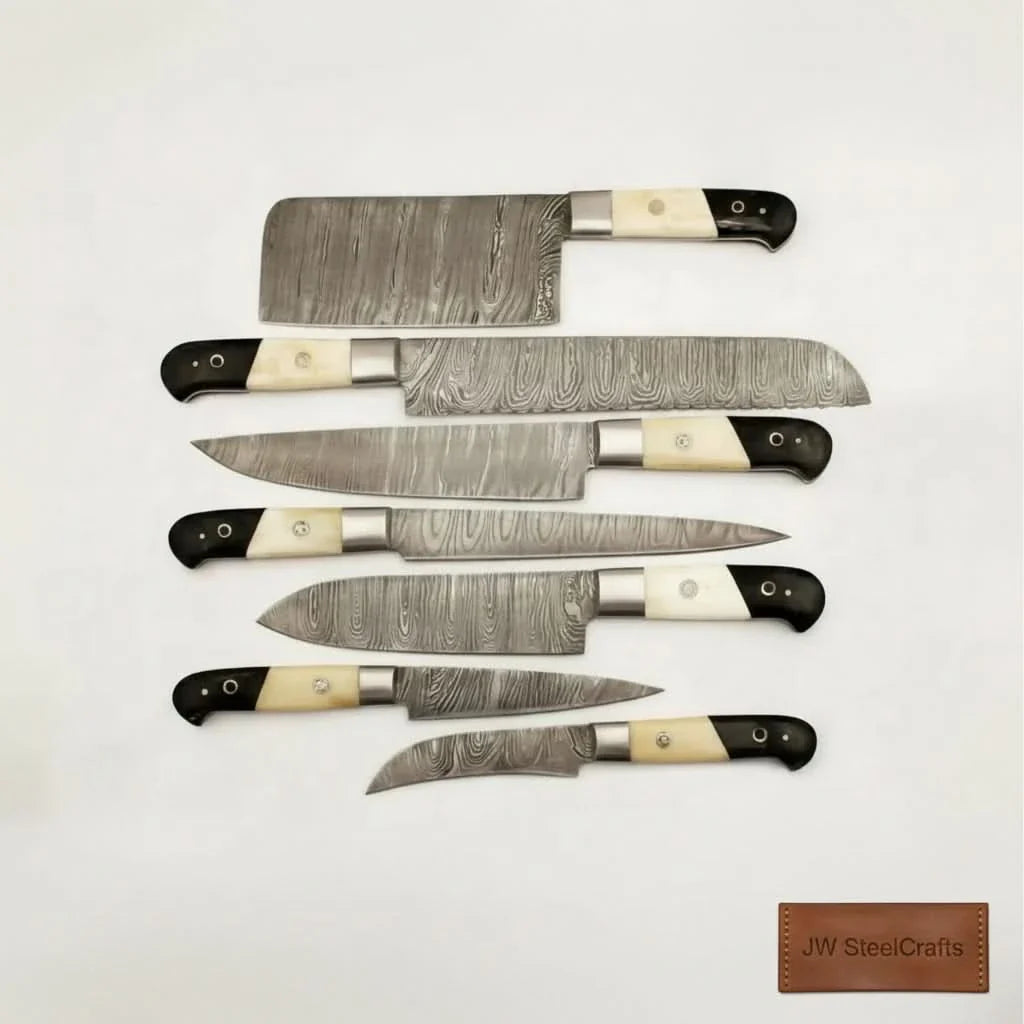 7-Piece Damascus Knife Set with White Bone and Black Resin Handles