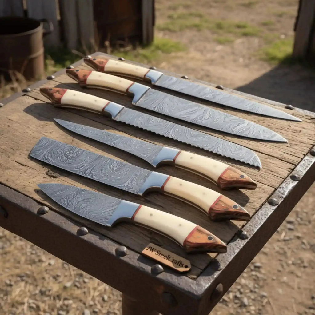 6-Piece Damascus Kitchen Knife Set with White Bone and Red Wood Handles