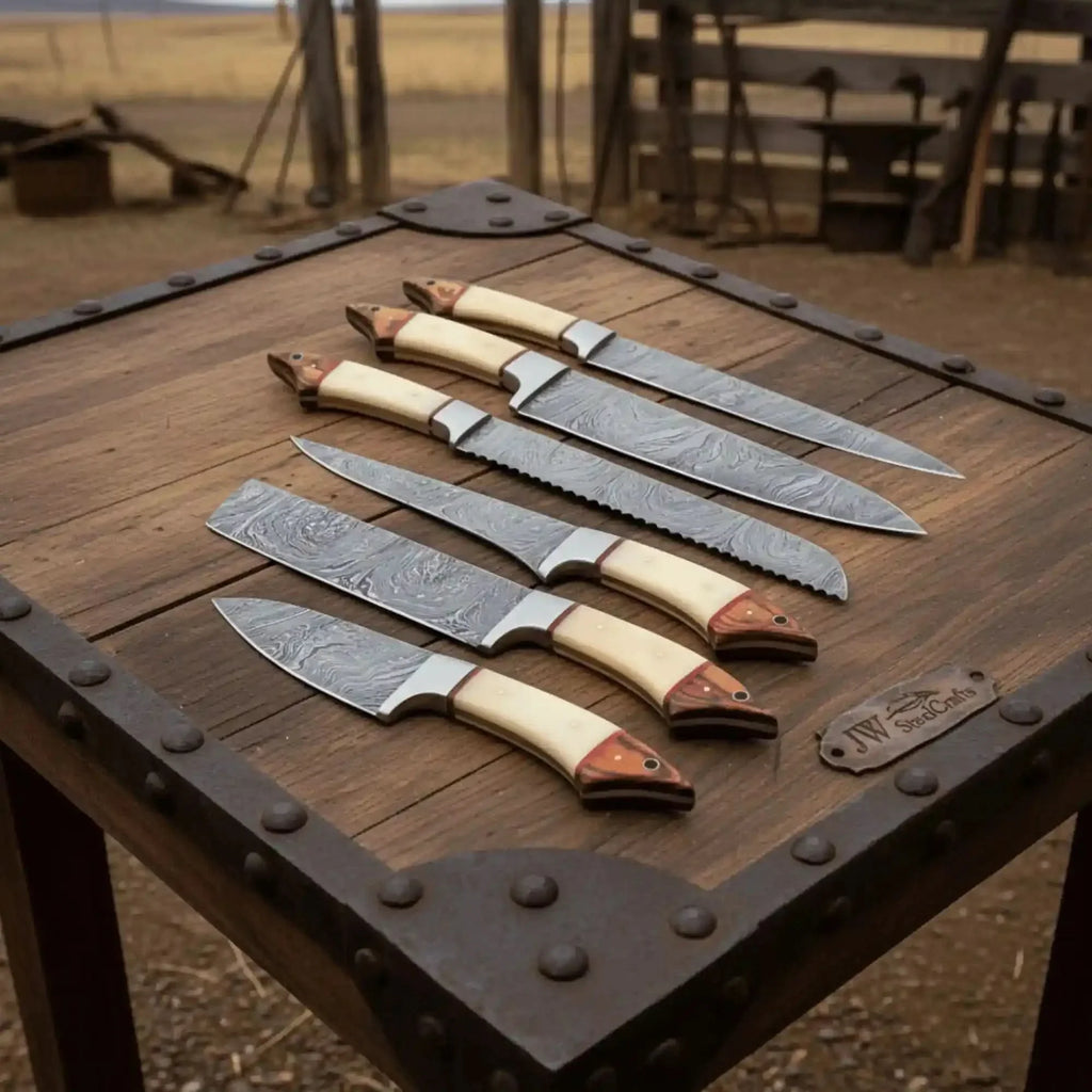 6-Piece Damascus Kitchen Knife Set with White Bone and Red Wood Handles