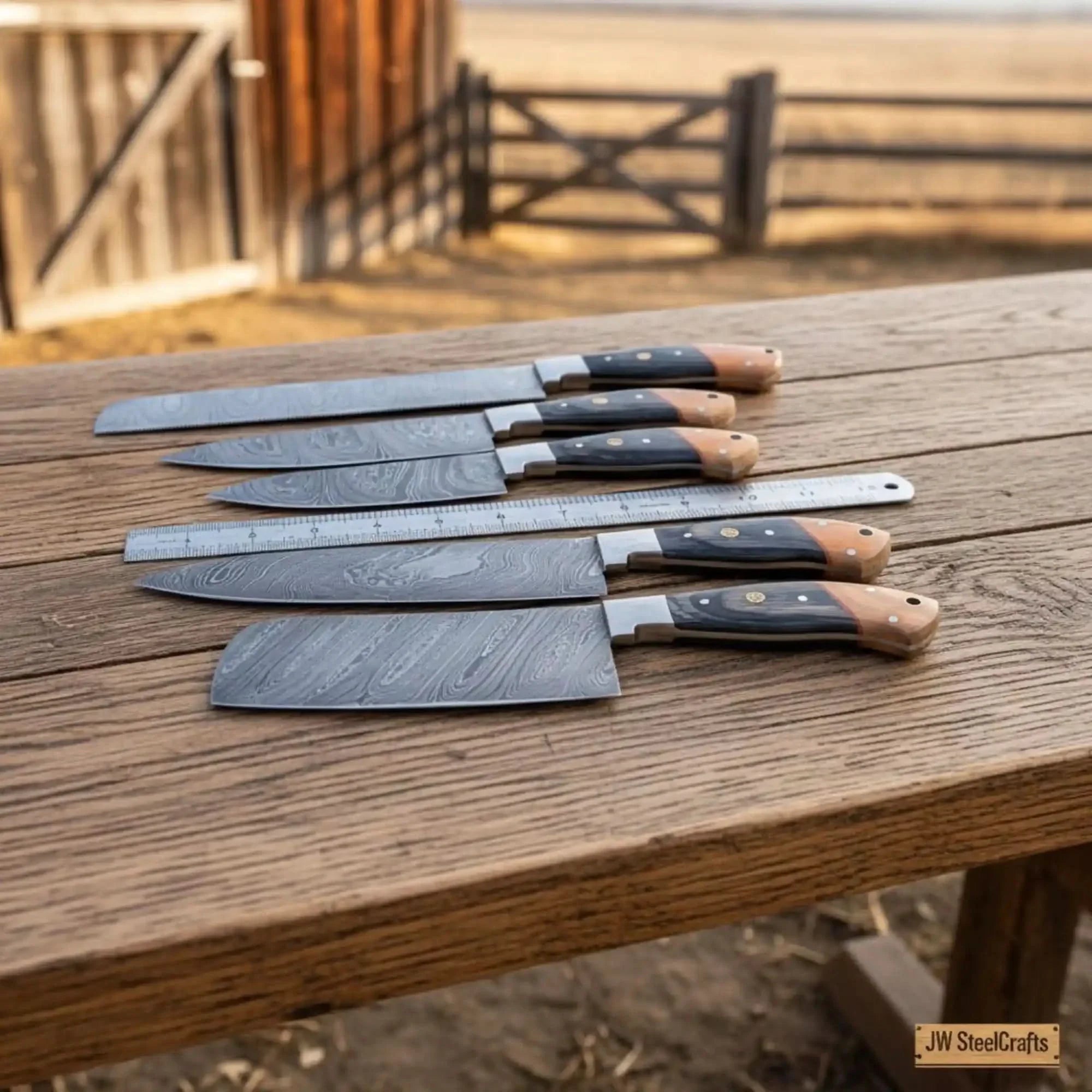 Damascus Multi-Blade Chef Knife Set with Olive and Pakka Wood Handles and 5-Piece Layered Damascus Blades