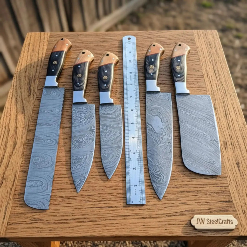 Damascus Multi-Blade Chef Knife Set with Olive and Pakka Wood Handles and 5-Piece Layered Damascus Blades