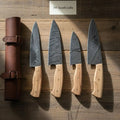 4-Piece Damascus Olive Wood Kitchen Knife Set — Wave Pattern Damascus Blades