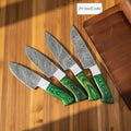 Handmade Damascus Kitchen Knife Set – Chef, Santoku, Utility Knives with Green Wood Handles