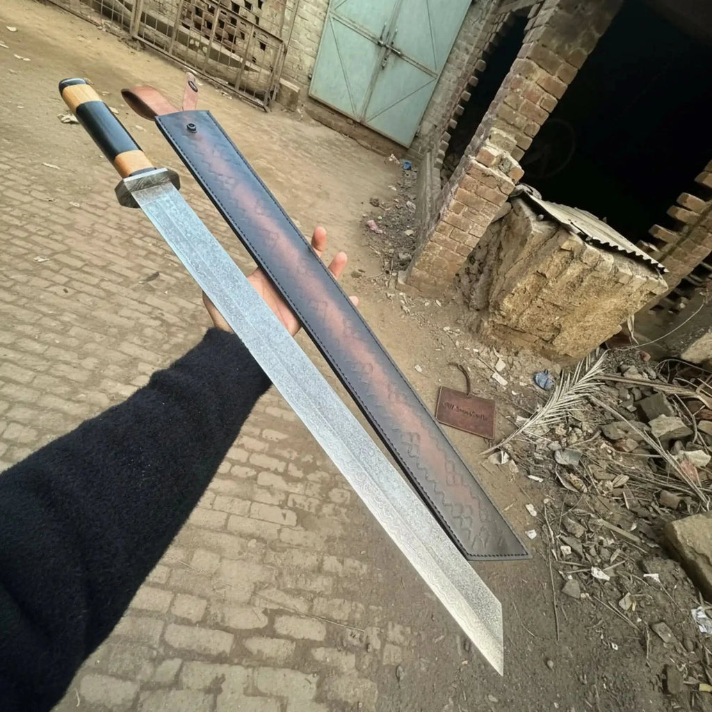 Handmade Damascus Seax Sword 15-Inch Blade, Viking & Anglo-Saxon Replica