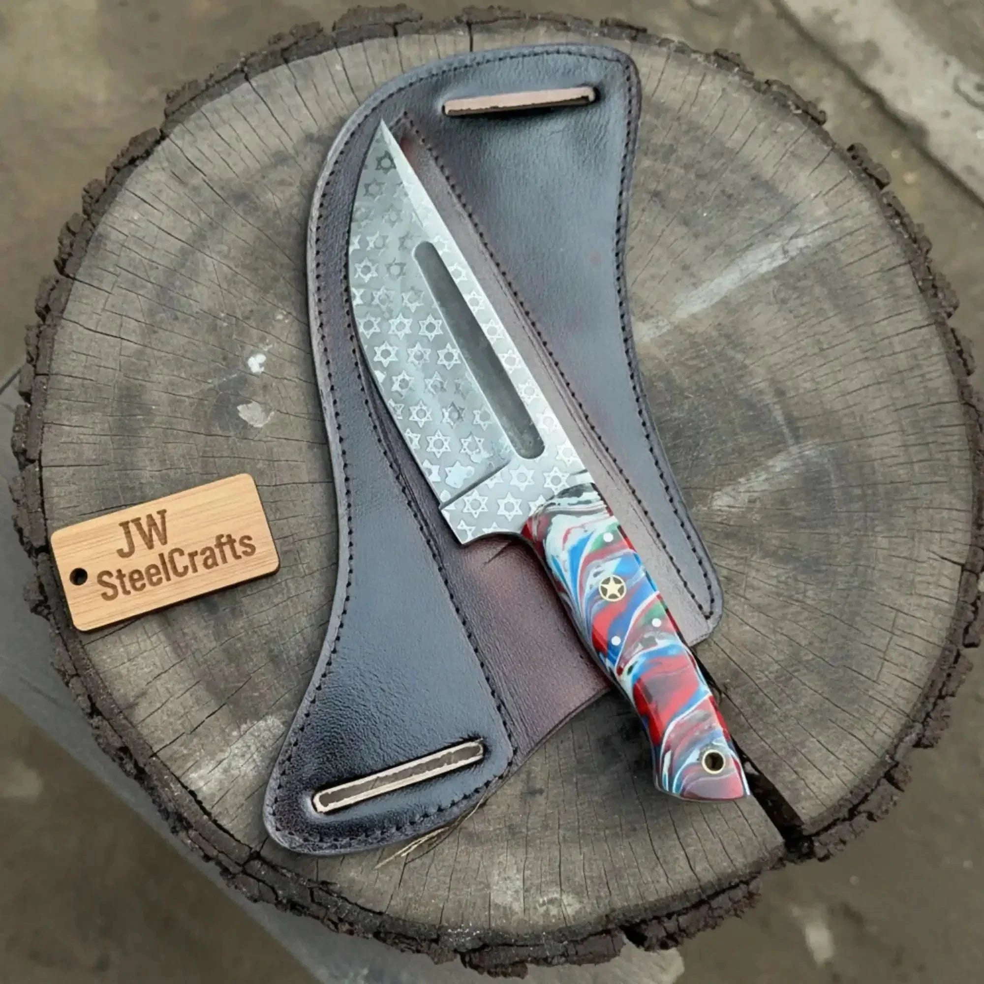Serbian Utility Knife 9” – Etched Blade with Resin Handle & Pancake Leather Sheath
