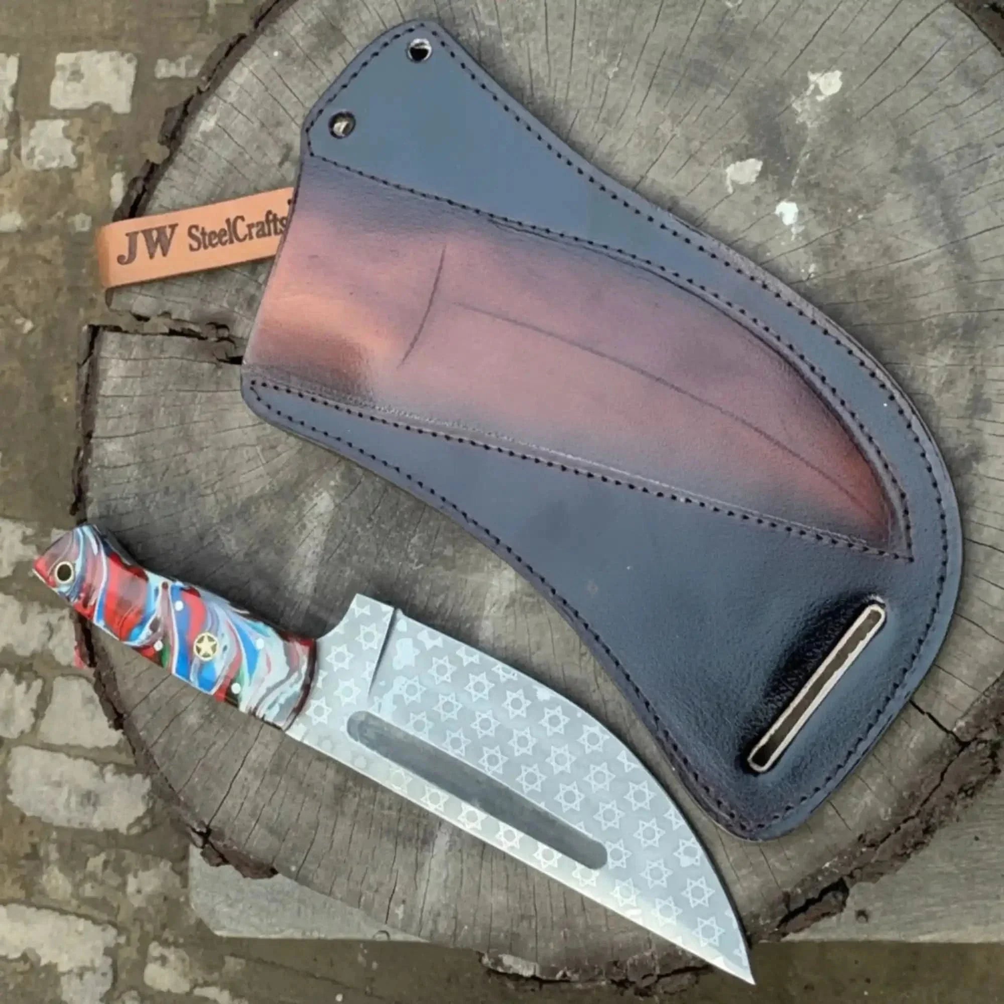 Serbian Utility Knife 9” – Etched Blade with Resin Handle & Pancake Leather Sheath