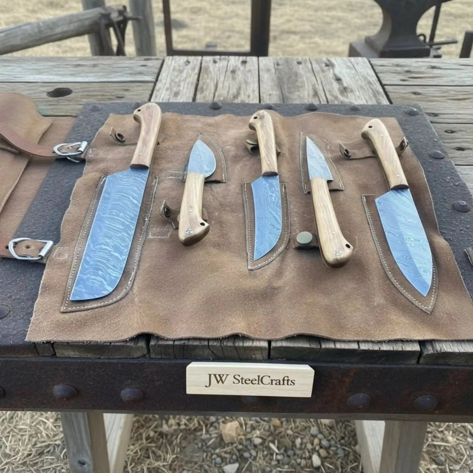 5-Piece Damascus Skinner Chef Knife Set with Olive Wood Handles