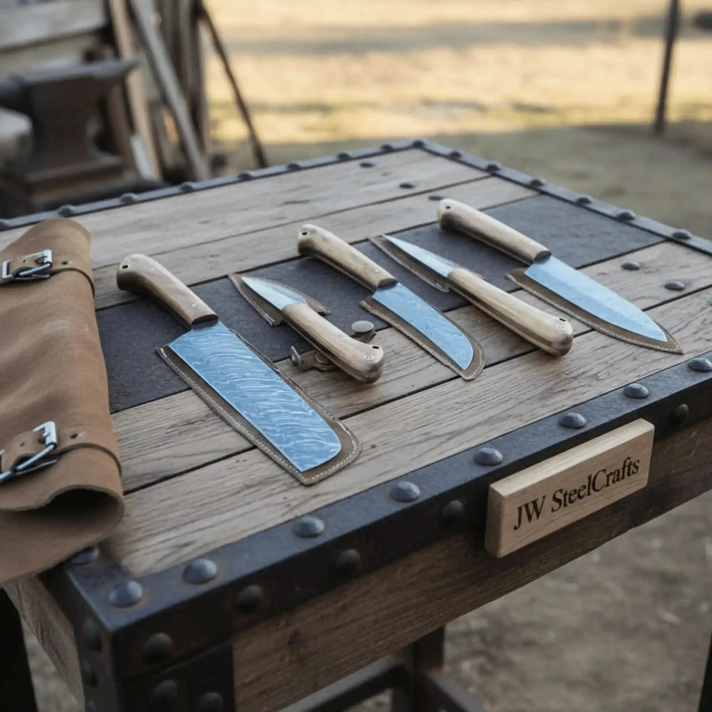 5-Piece Damascus Skinner Chef Knife Set with Olive Wood Handles