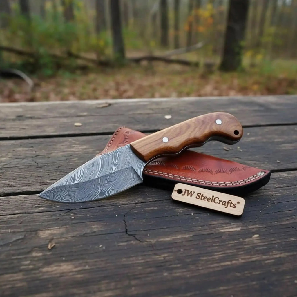 Damascus Drop Point Skinner Knife 3 Inch Blade Rosewood Handle Fixed Blade With Leather Sheath
