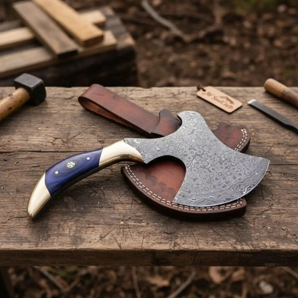Hand Forged Damascus Pizza Slicer Axe with Raindrop Forged Blade