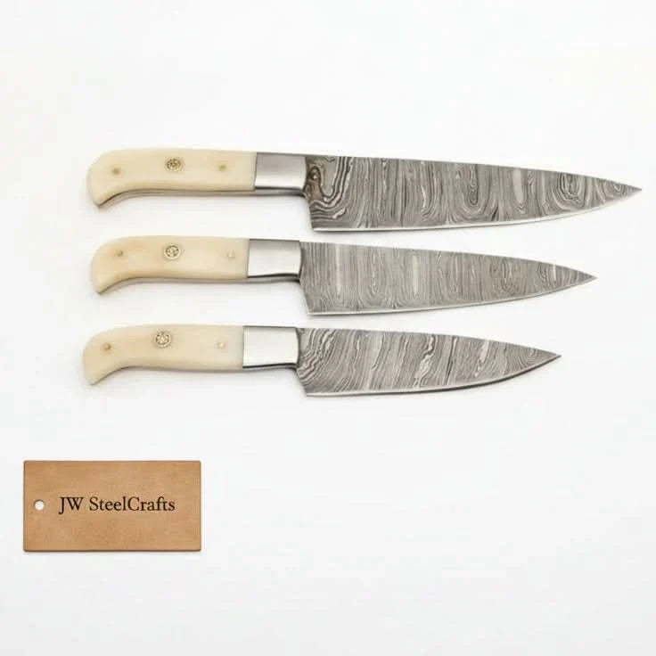 3-Piece Damascus Slicing Carving Knife Set with Bone Handle with Water Flow Blades