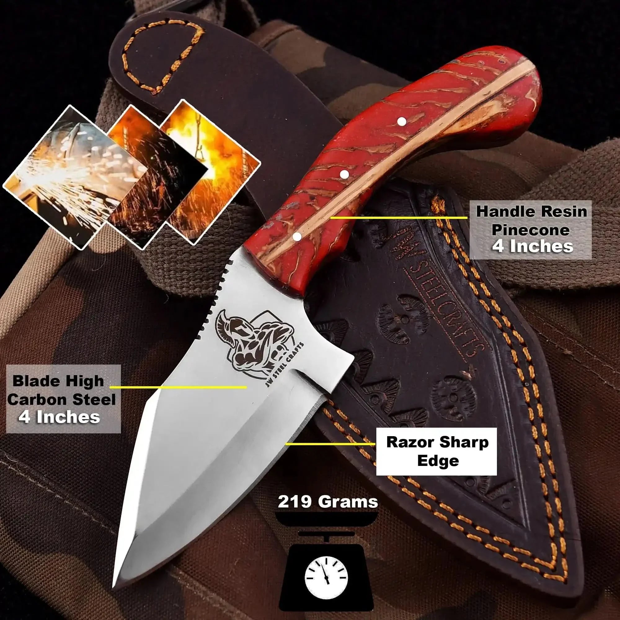 High Carbon Steel Drop Point Hunting Knife Red Pinecone Resin Handle