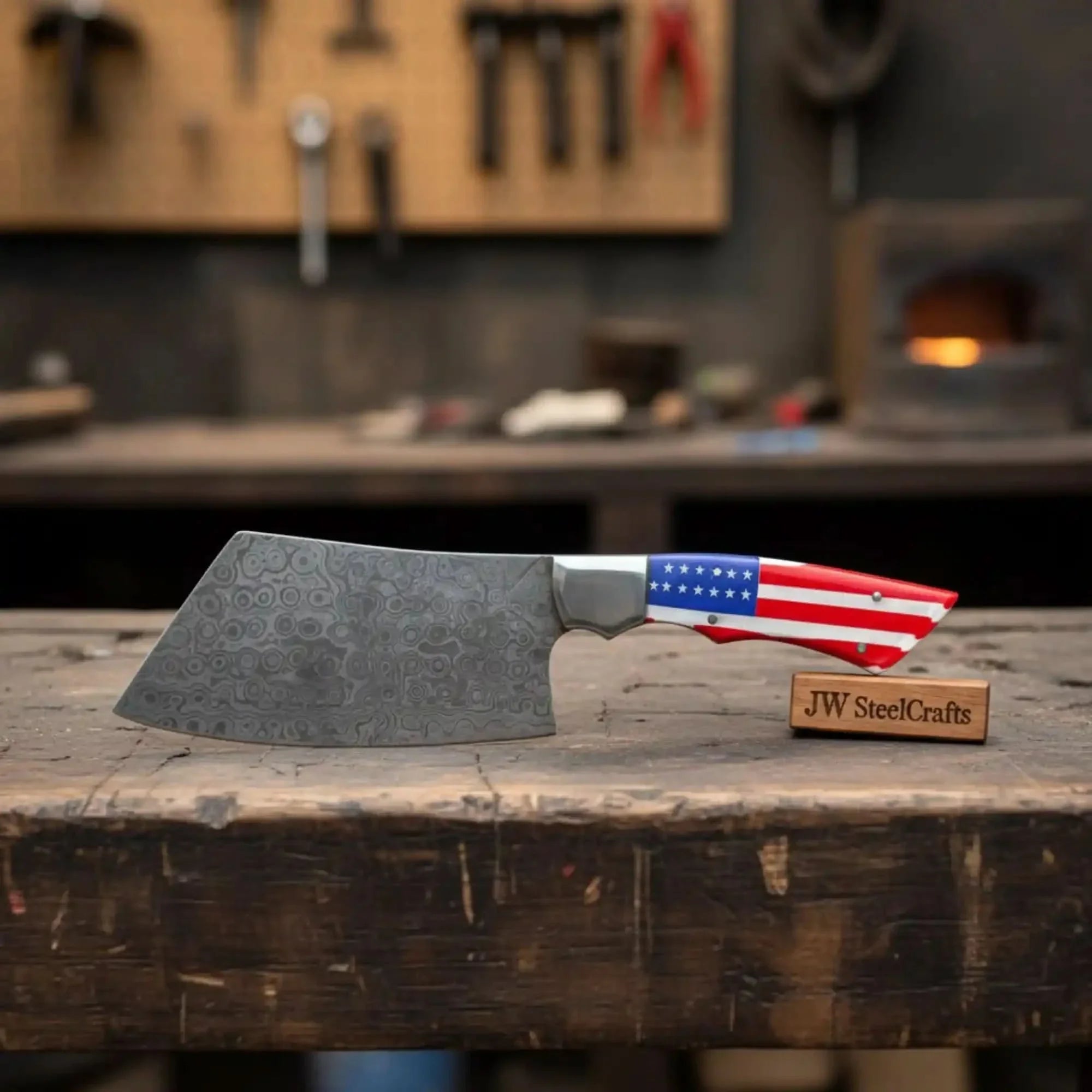 Damascus Steel Cleaver Knife with American Flag Resin Handle