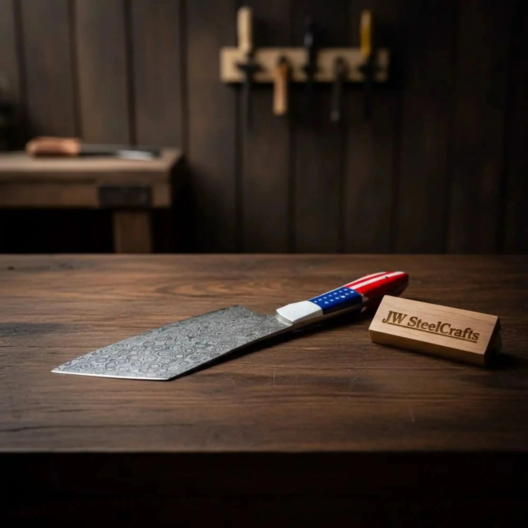 Damascus Steel Cleaver Knife with American Flag Resin Handle