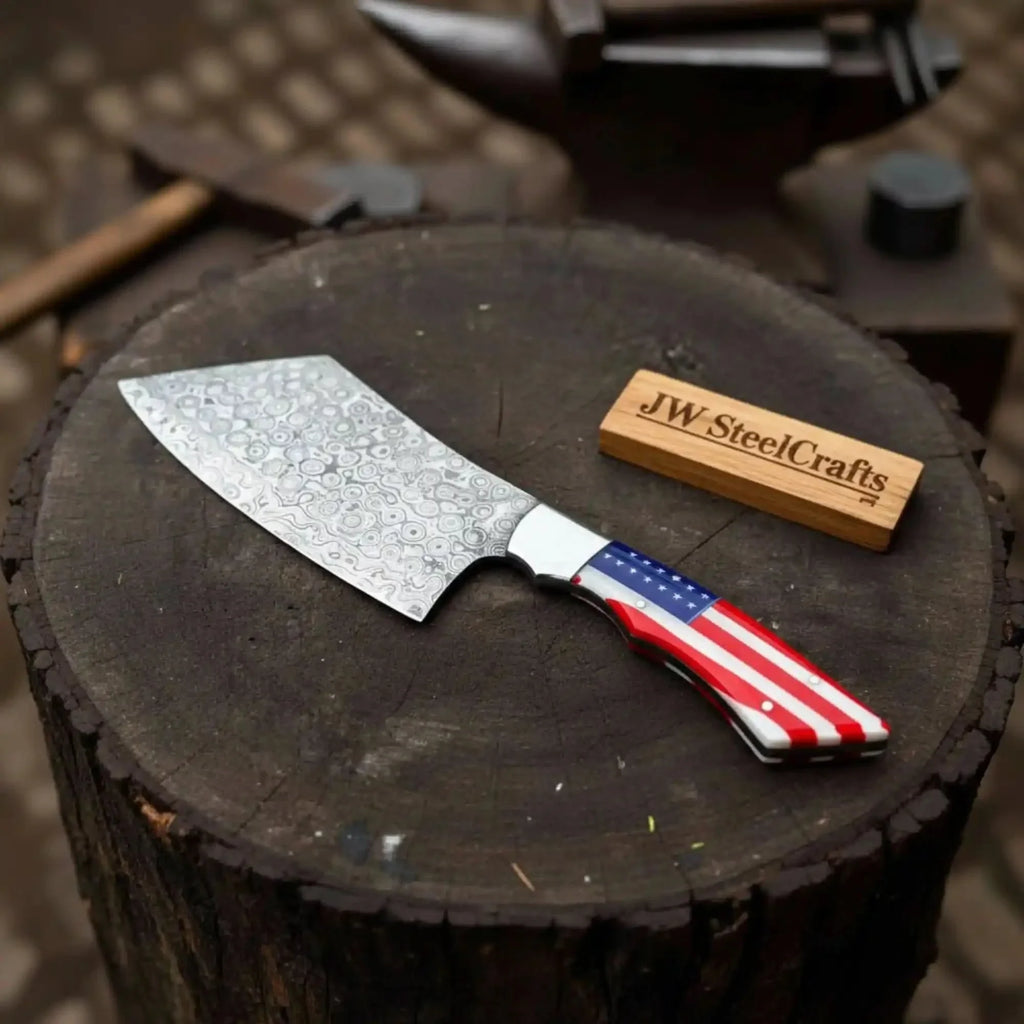 Damascus Steel Cleaver Knife with American Flag Resin Handle