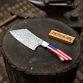 Damascus Steel Cleaver Knife with American Flag Resin Handle