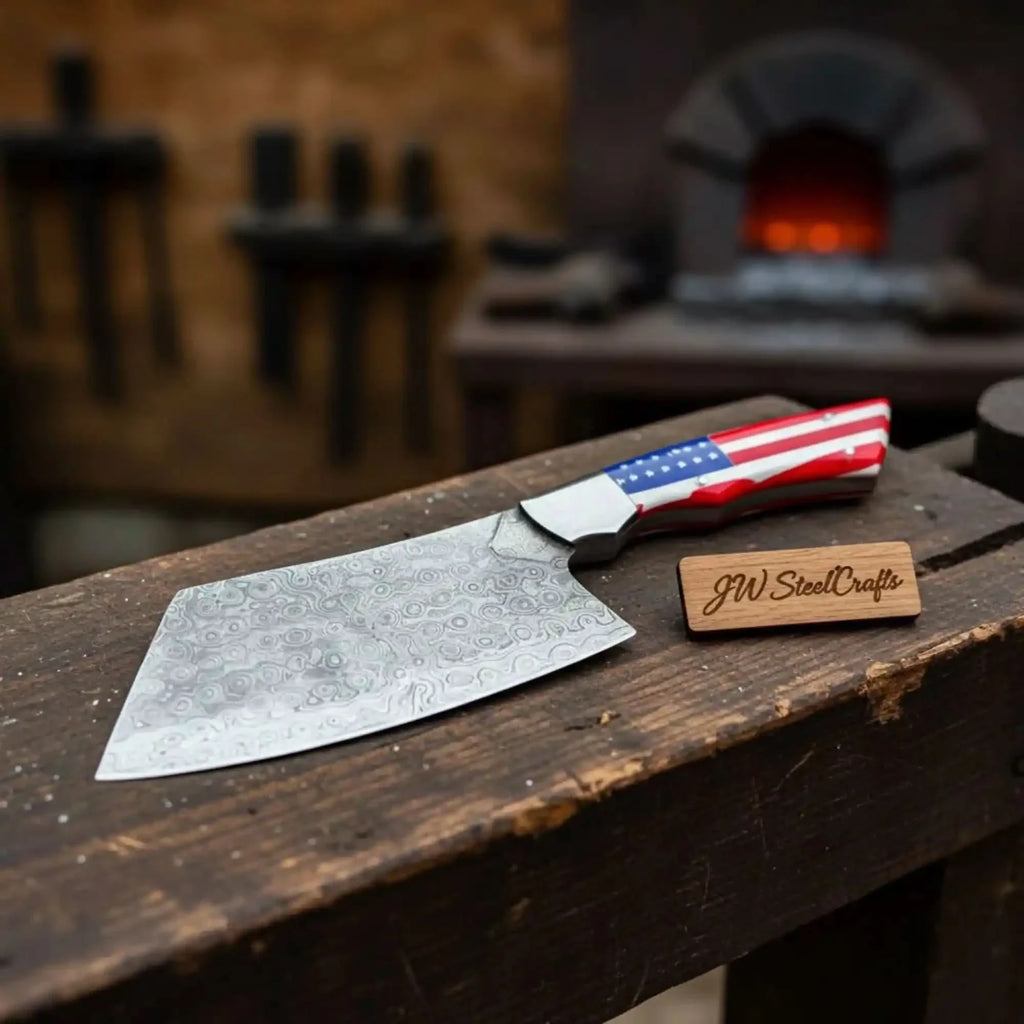 Damascus Steel Cleaver Knife with American Flag Resin Handle