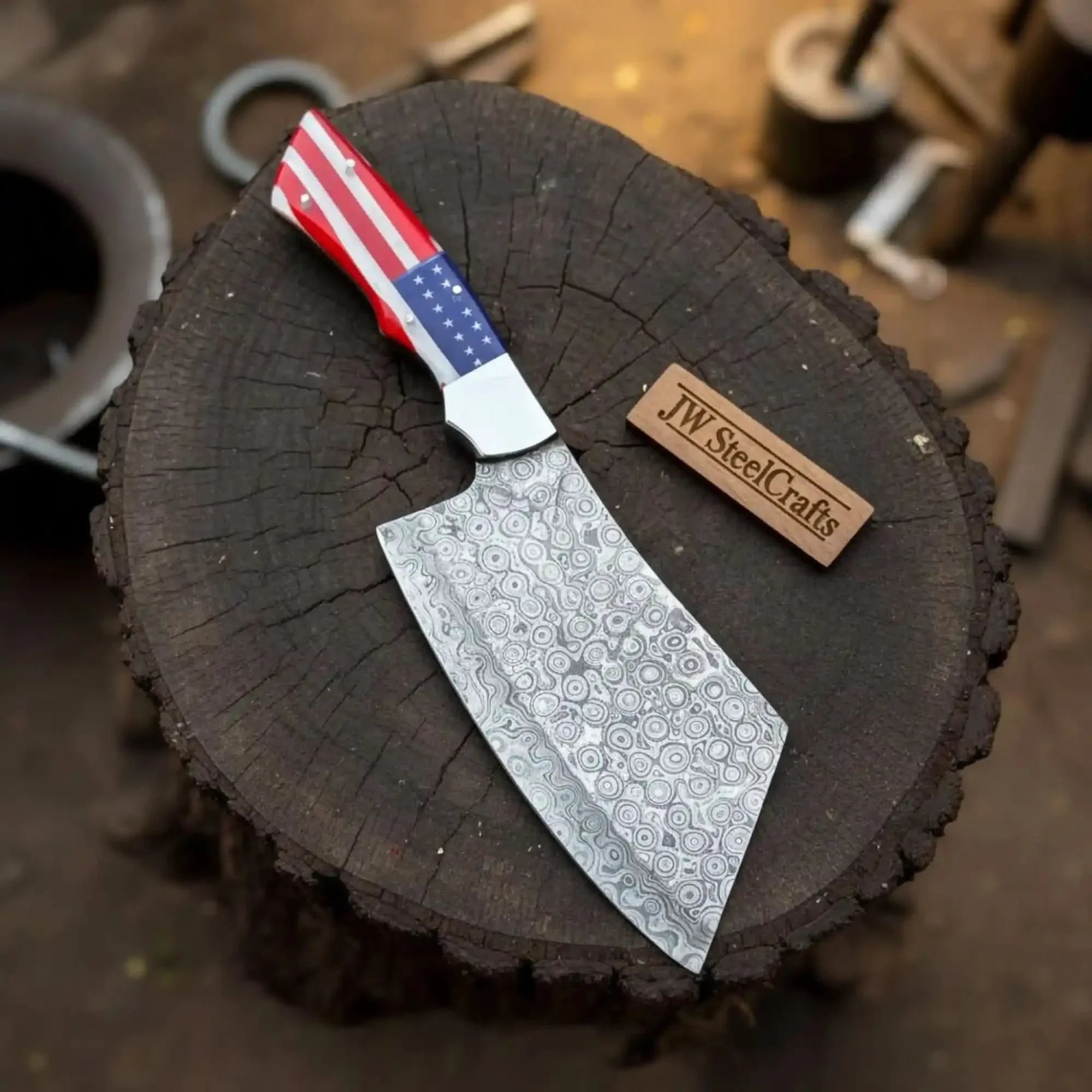 Damascus Steel Cleaver Knife with American Flag Resin Handle