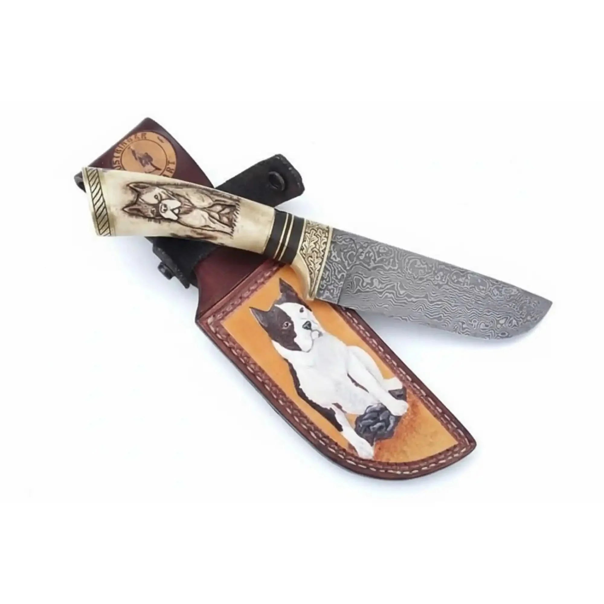 Damascus Steel Dog Engraved Bone Handle Hunting Skinner Knife – 10 Inch Overall l