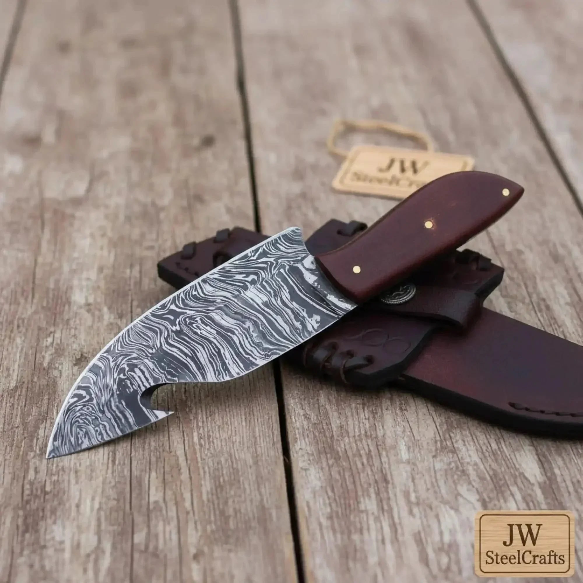 Damascus Steel Gut Hook Knife with Brown Micarta Handle