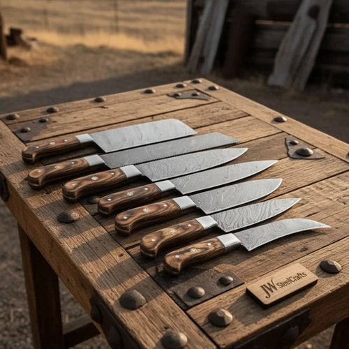 7-Piece Damascus Steel Kitchen Knife Collection with Flowing Water Pattern Blades.
