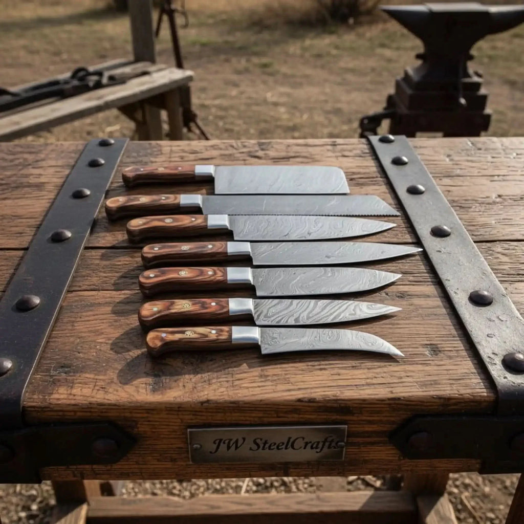 7-Piece Damascus Steel Kitchen Knife Collection with Flowing Water Pattern Blades.
