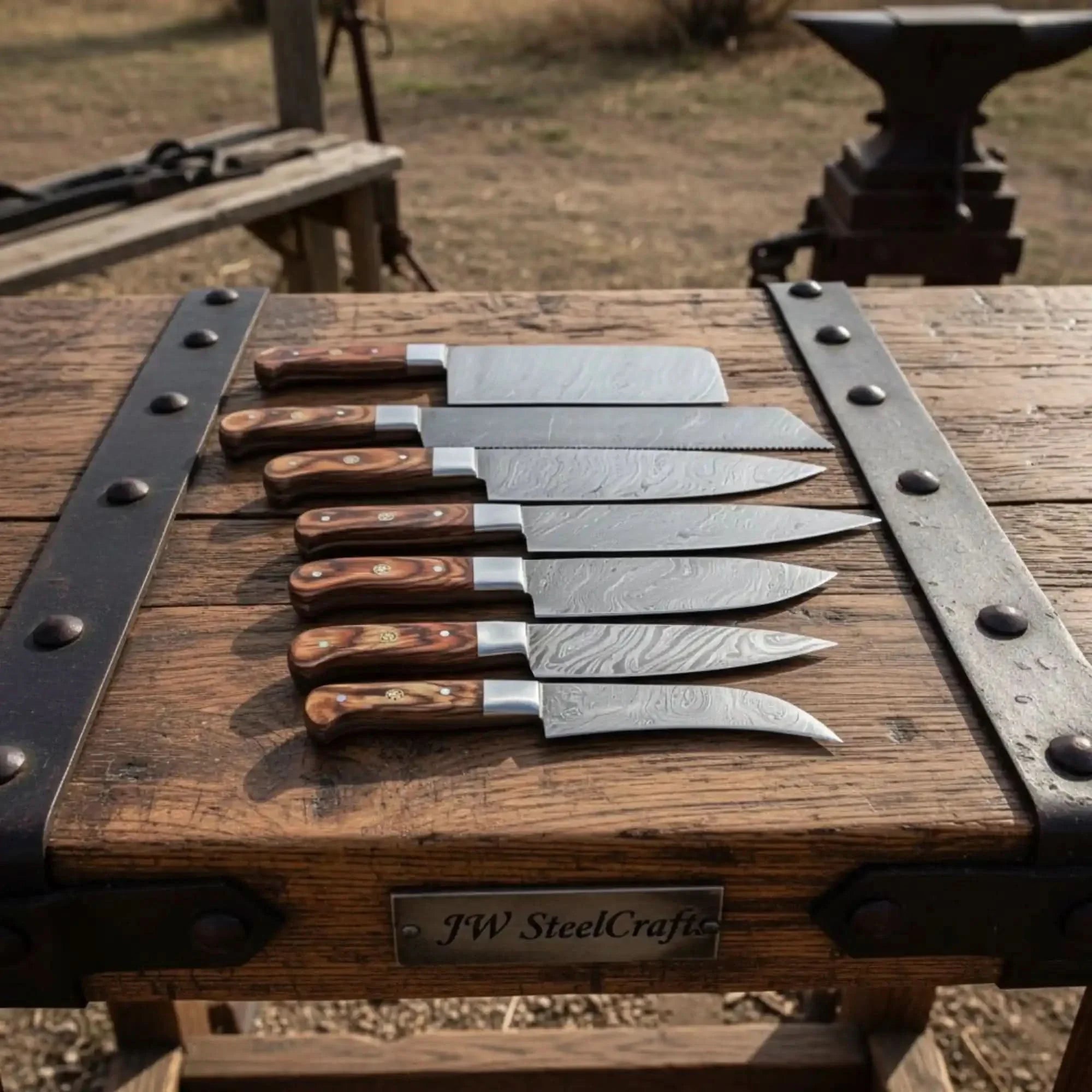 7-Piece Damascus Steel Kitchen Knife Collection with Flowing Water Pattern Blades.