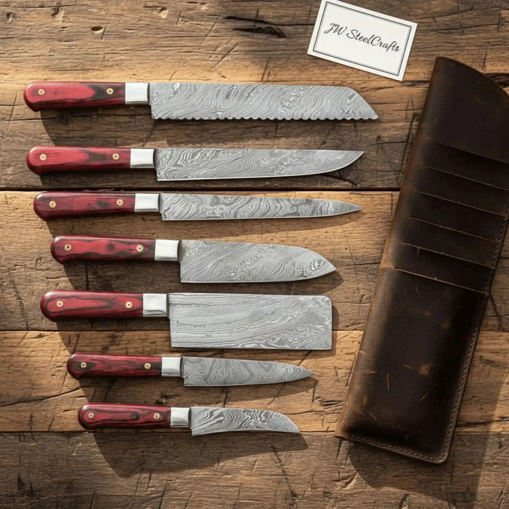 Handmade Damascus Kitchen Knife Set with Red Pakka Wood Handles | Complete 7-Piece Collection