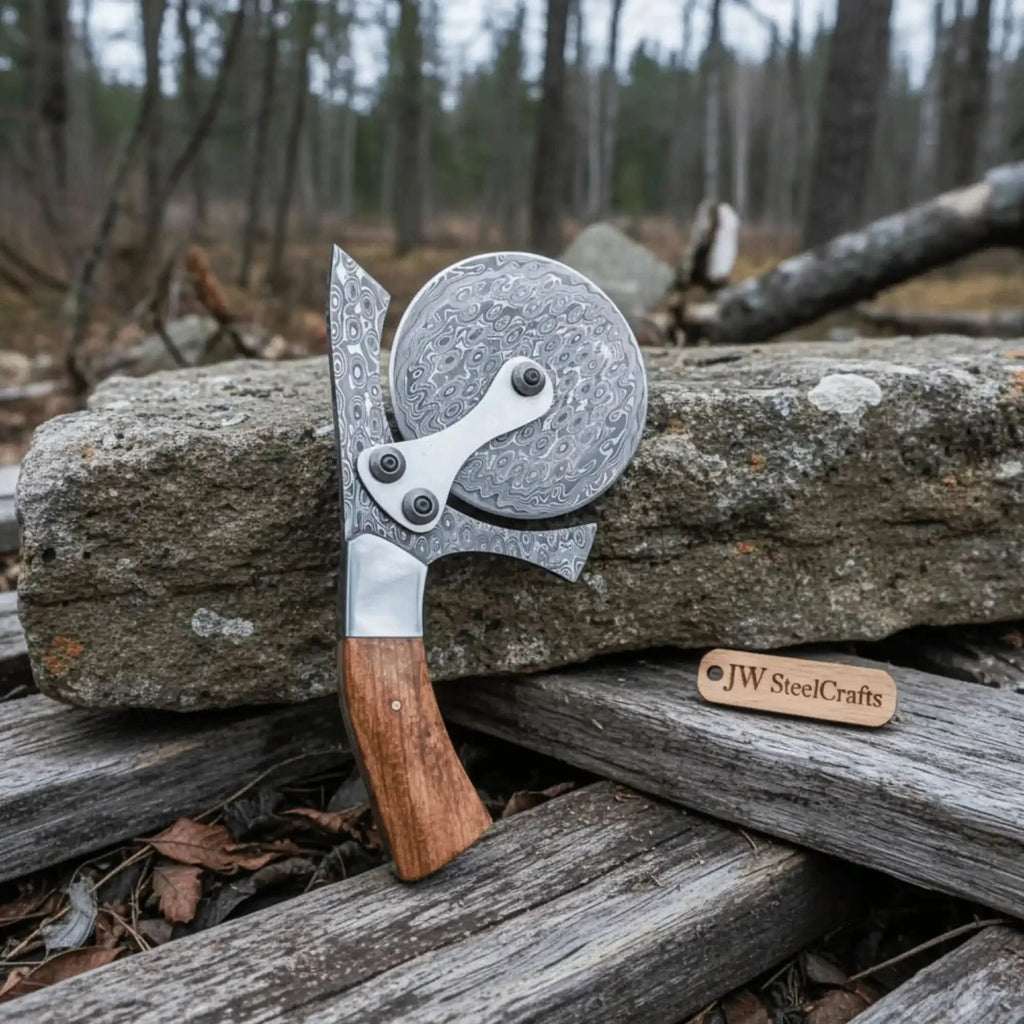 Damascus Steel Pizza Cutter Wheel with Wooden Handle – Handmade Kitchen Tool