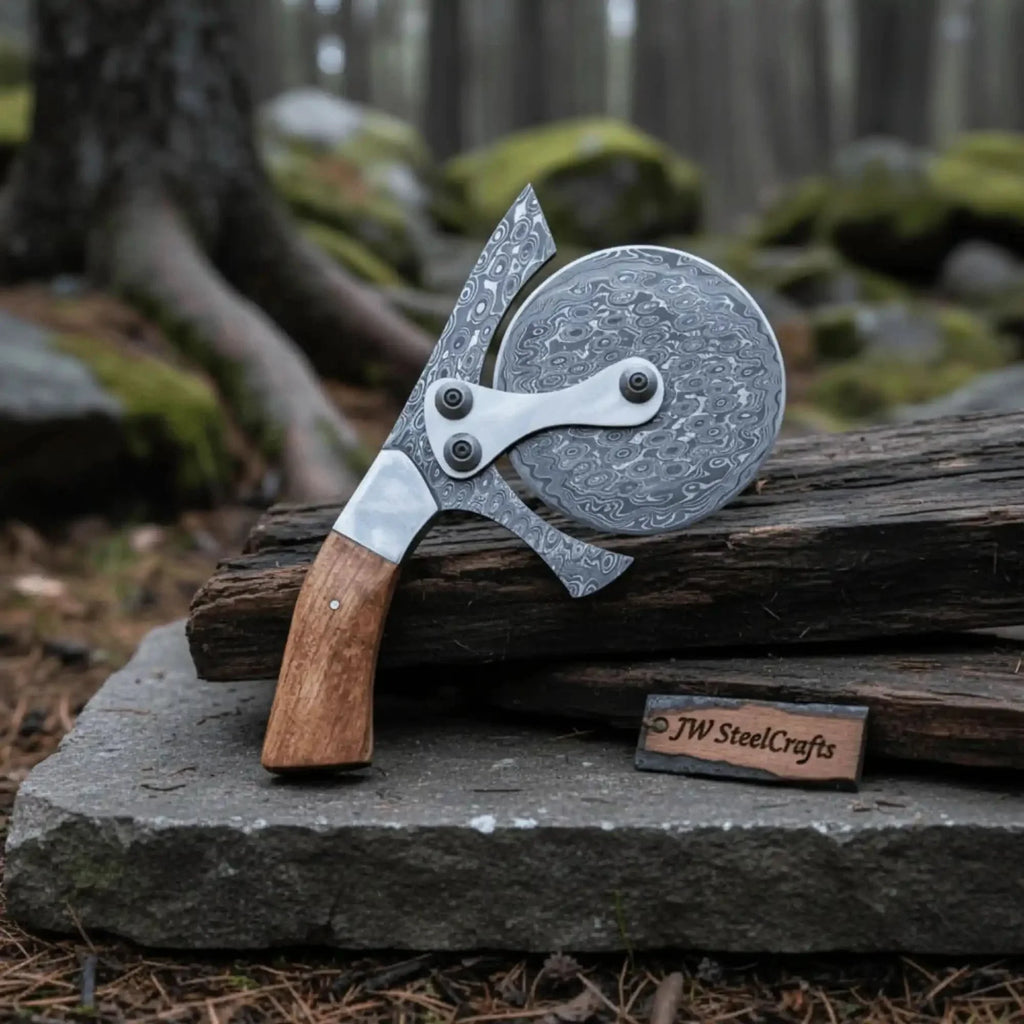 Damascus Steel Pizza Cutter Wheel with Wooden Handle – Handmade Kitchen Tool