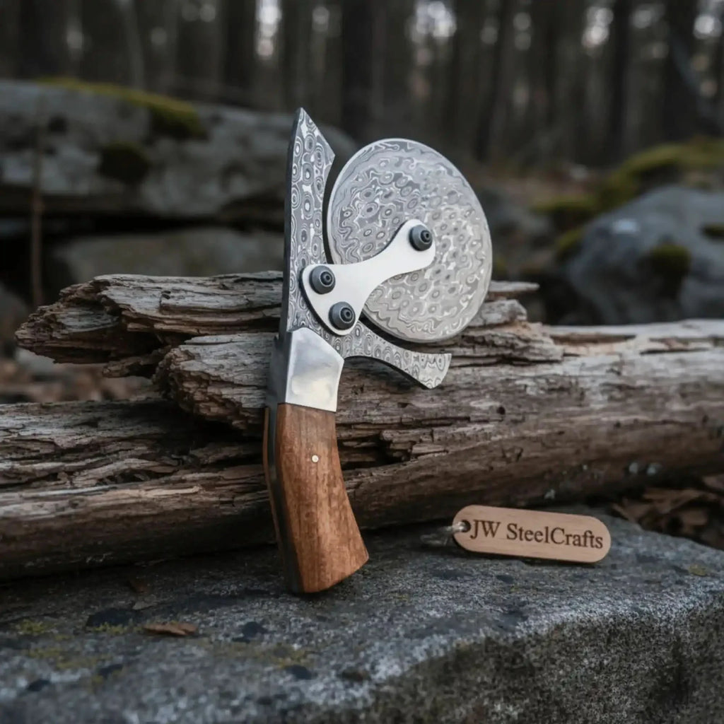 Damascus Steel Pizza Cutter Wheel with Wooden Handle – Handmade Kitchen Tool