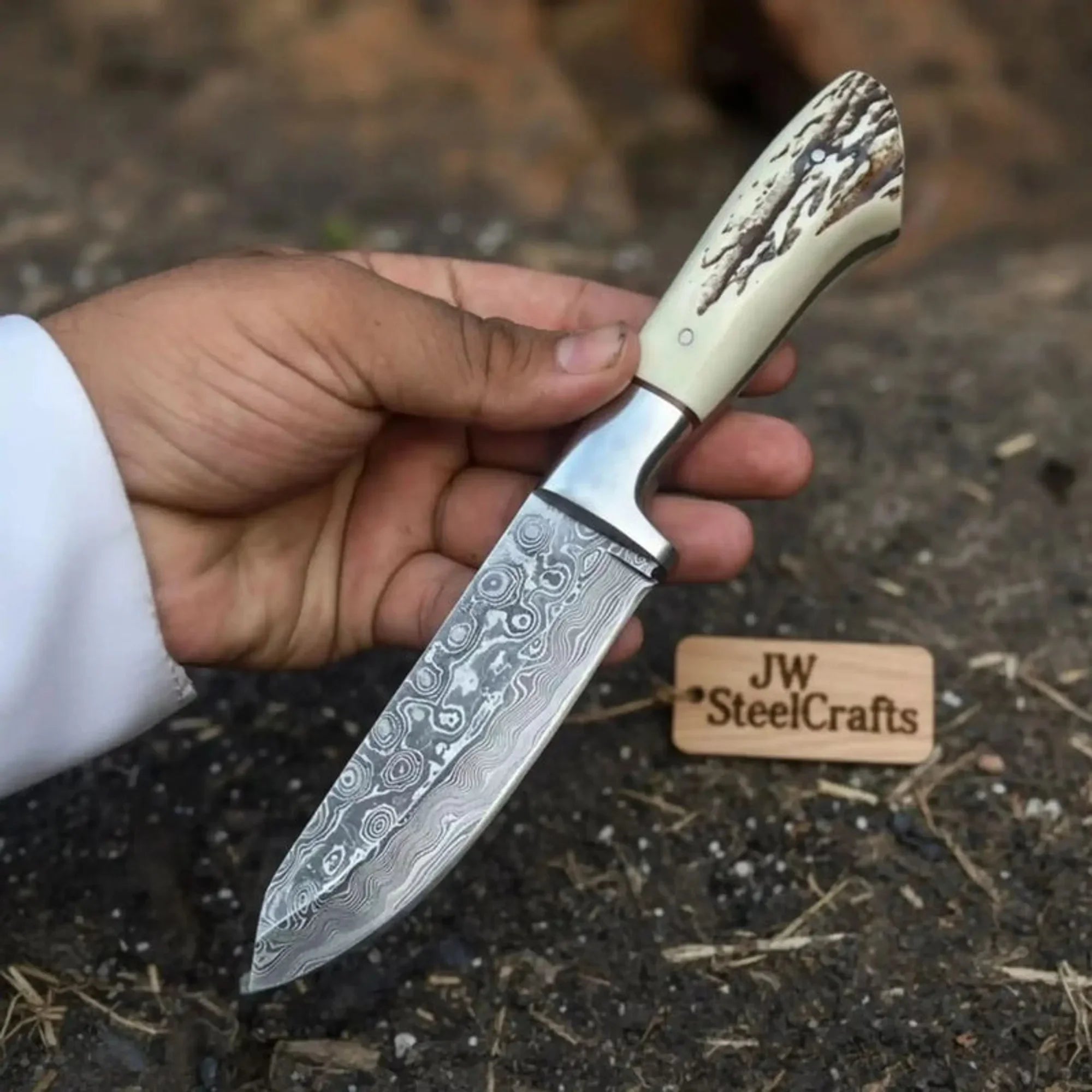 Custom Damascus Drop Point Belt Knife Fixed Blade Synthetic Stag Handle with Steel Bolster