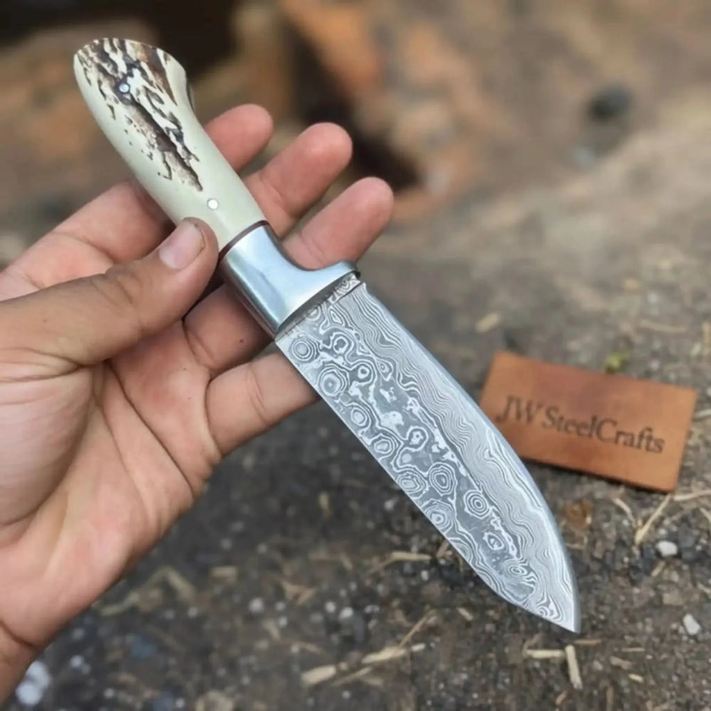 Custom Damascus Drop Point Belt Knife Fixed Blade Synthetic Stag Handle with Steel Bolster