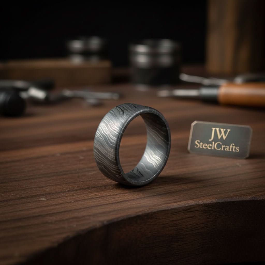 Flat Twist Damascus Wedding Band with Bold Wavy Pattern