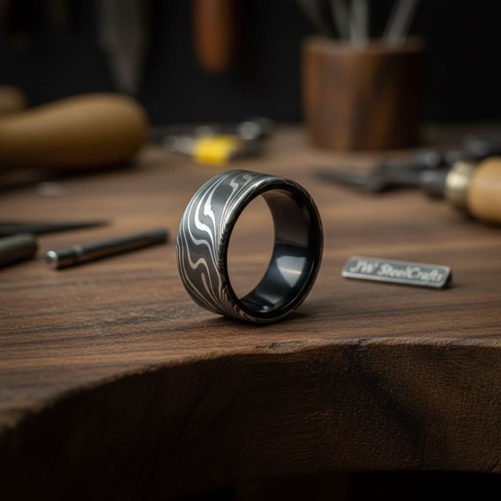 Flat Twist Damascus Wedding Band with Bold Wavy Pattern