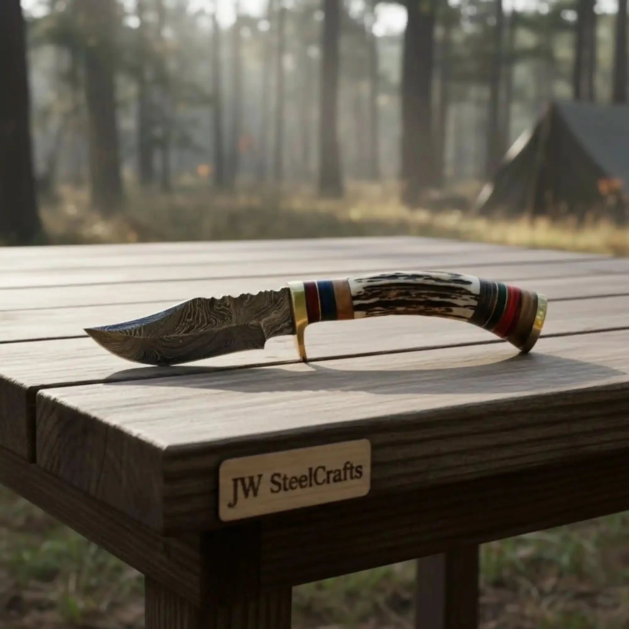 Damascus Steel Skinner Knife Deer Antler Handle Brass Guard Handmade Fixed Blade Hunting Knife