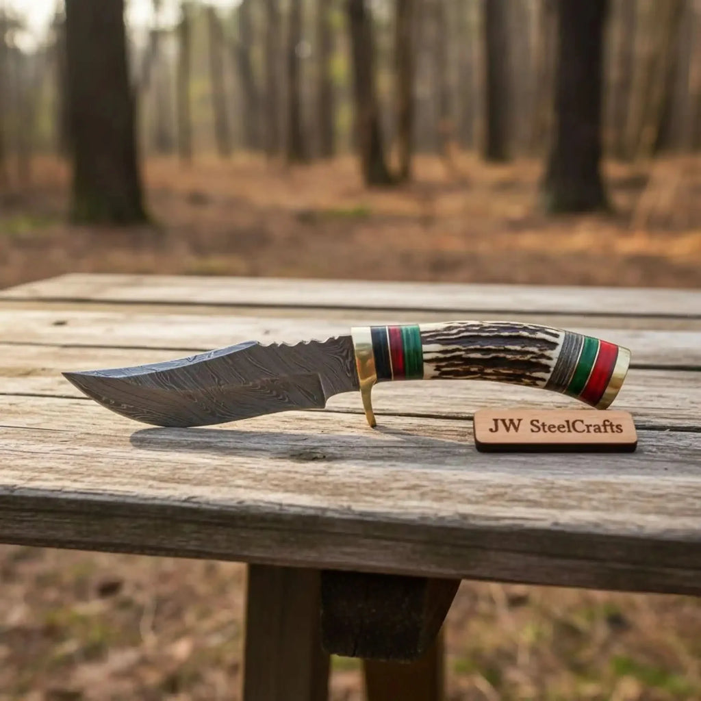 Damascus Steel Skinner Knife Deer Antler Handle Brass Guard Handmade Fixed Blade Hunting Knife