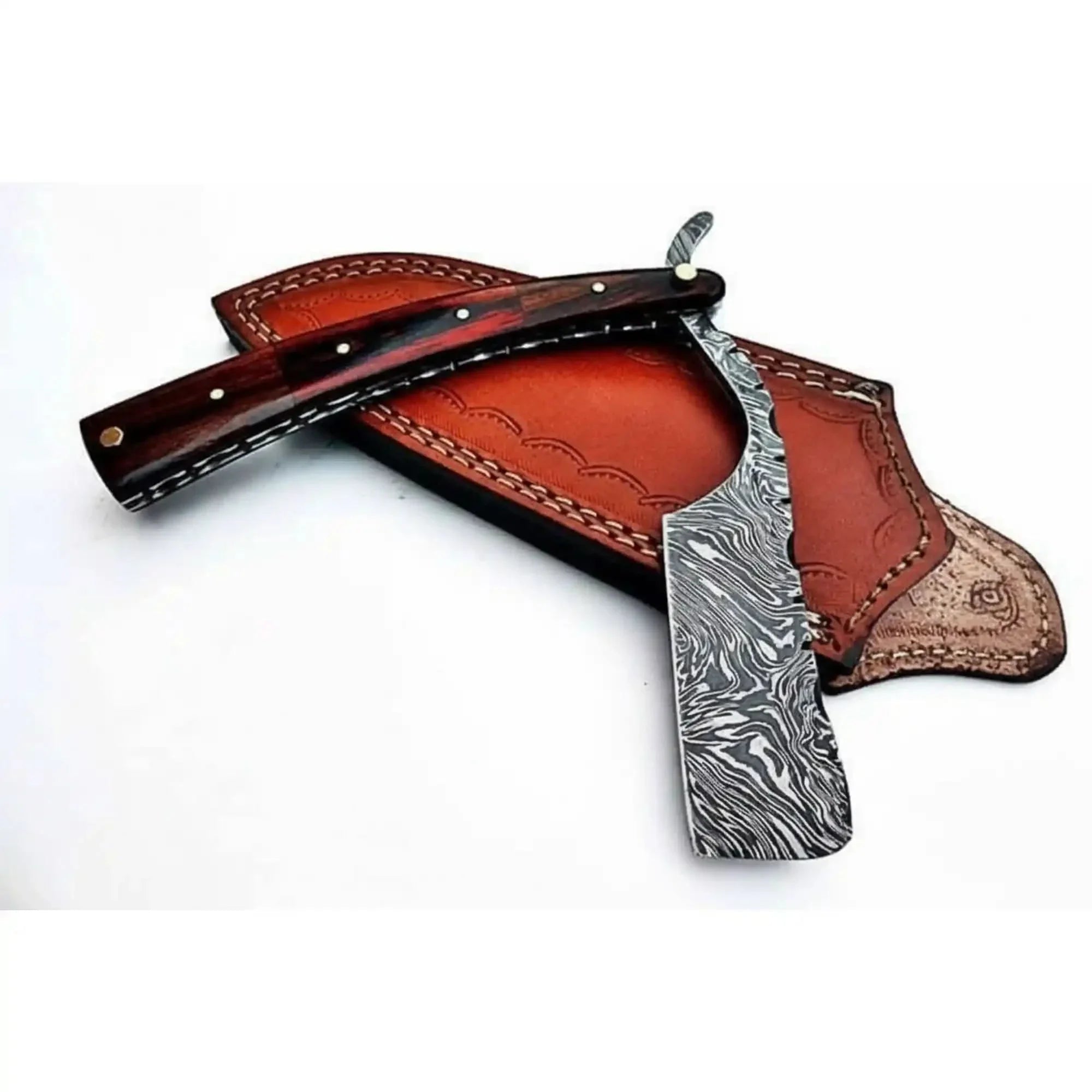 Damascus Steel Straight Barber Razor with Multicolor Wood Handle