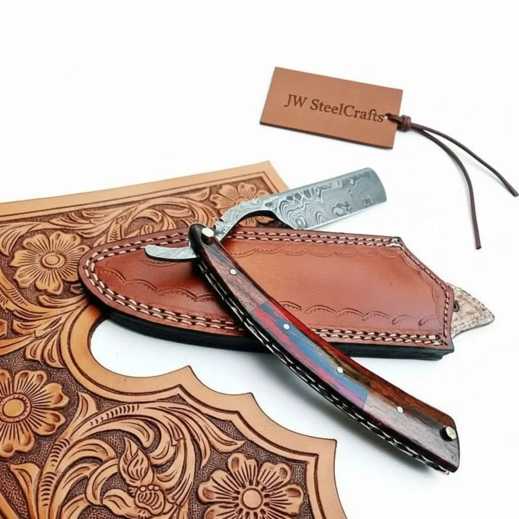 Damascus Steel Straight Barber Razor with Multicolor Wood Handle