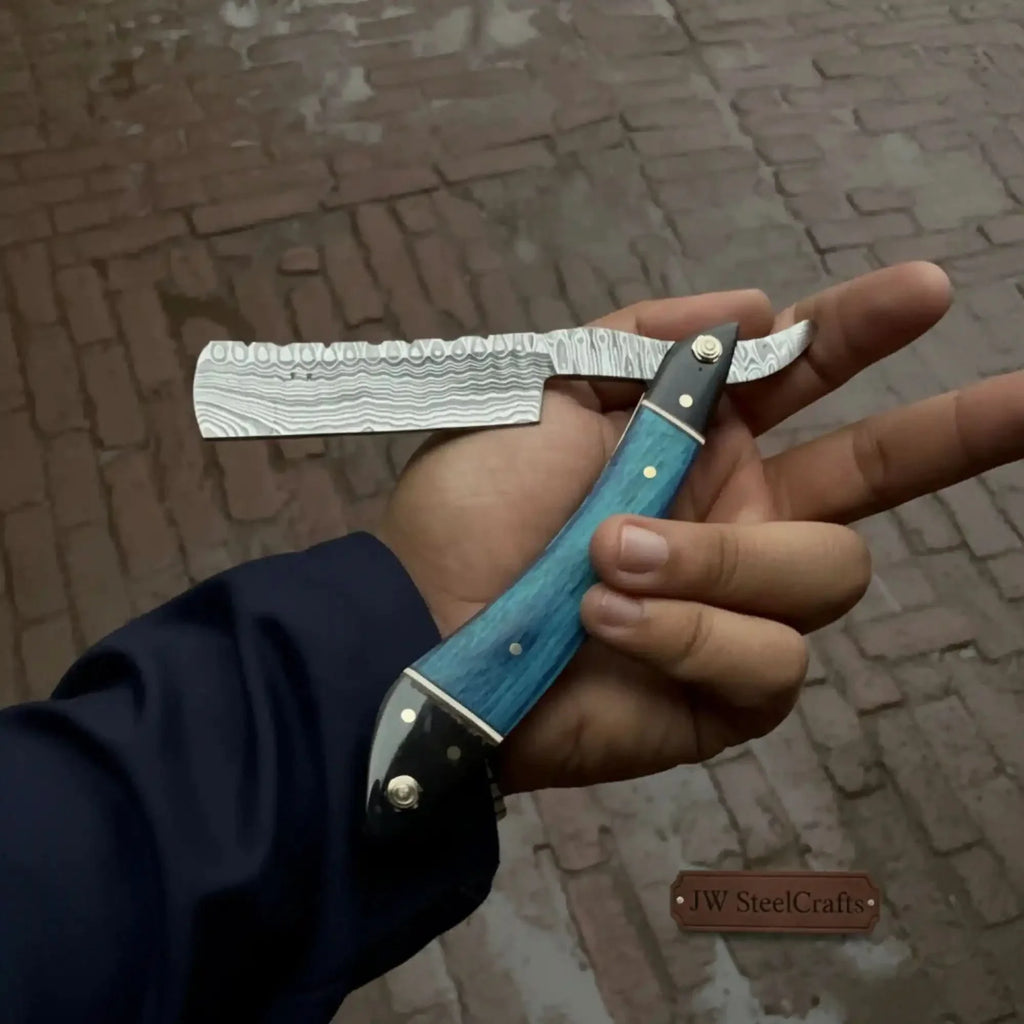 Straight Razor Damascus Steel Folding Barber Razor Blue Wood Handle