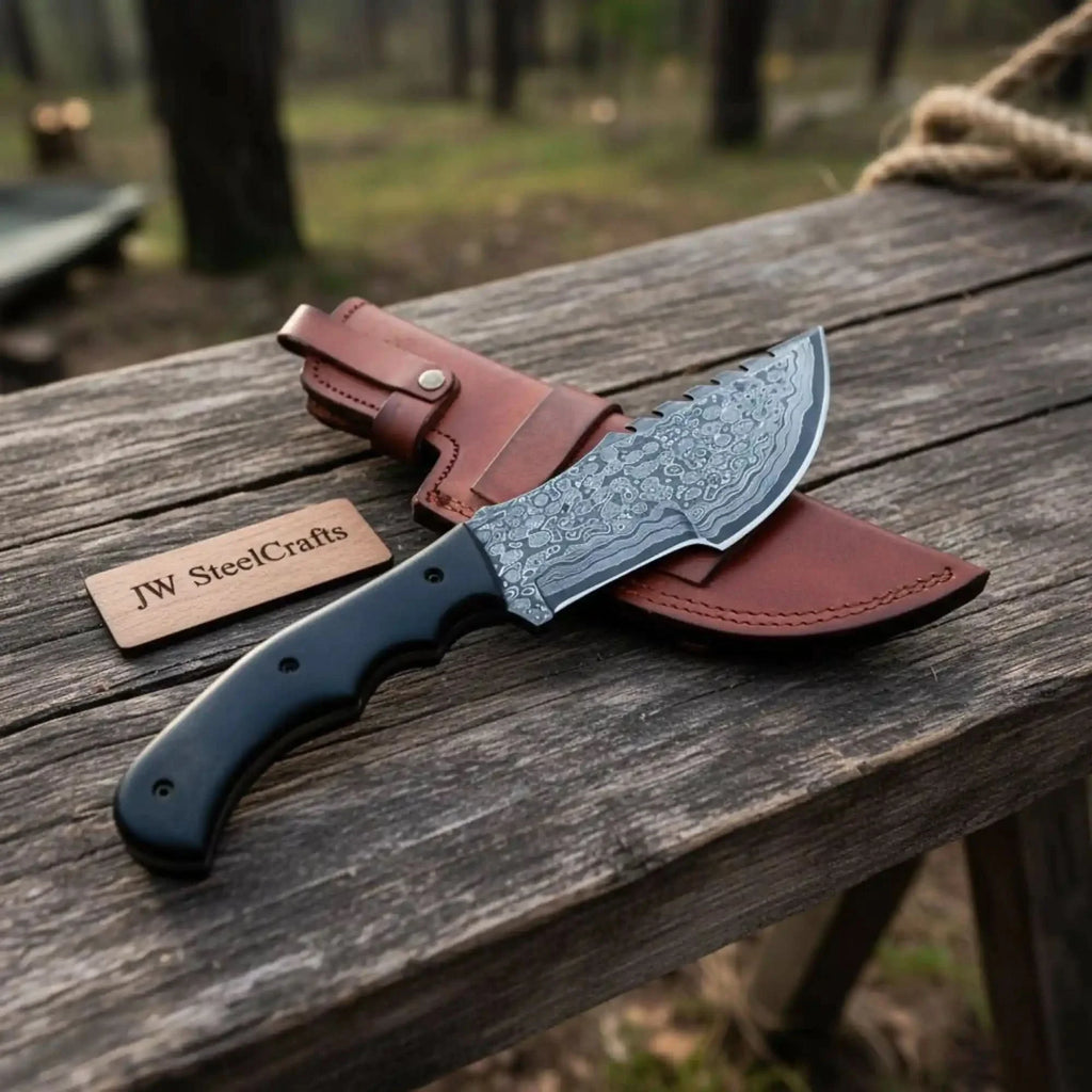 Damascus Steel Tracker Knife with Black Handle – 10 Inch Overall