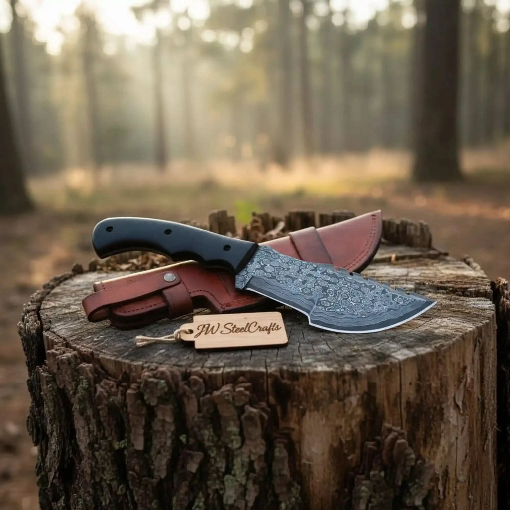 Damascus Steel Tracker Knife with Black Handle – 10 Inch Overall