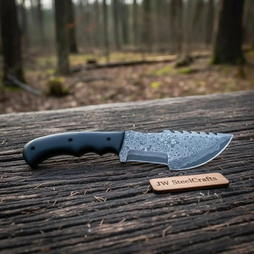 Damascus Steel Tracker Knife with Black Handle – 10 Inch Overall