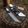 Damascus Steel Tracker Knife with Dual-Tone Bone & Black Handle | Handmade Leather Sheath