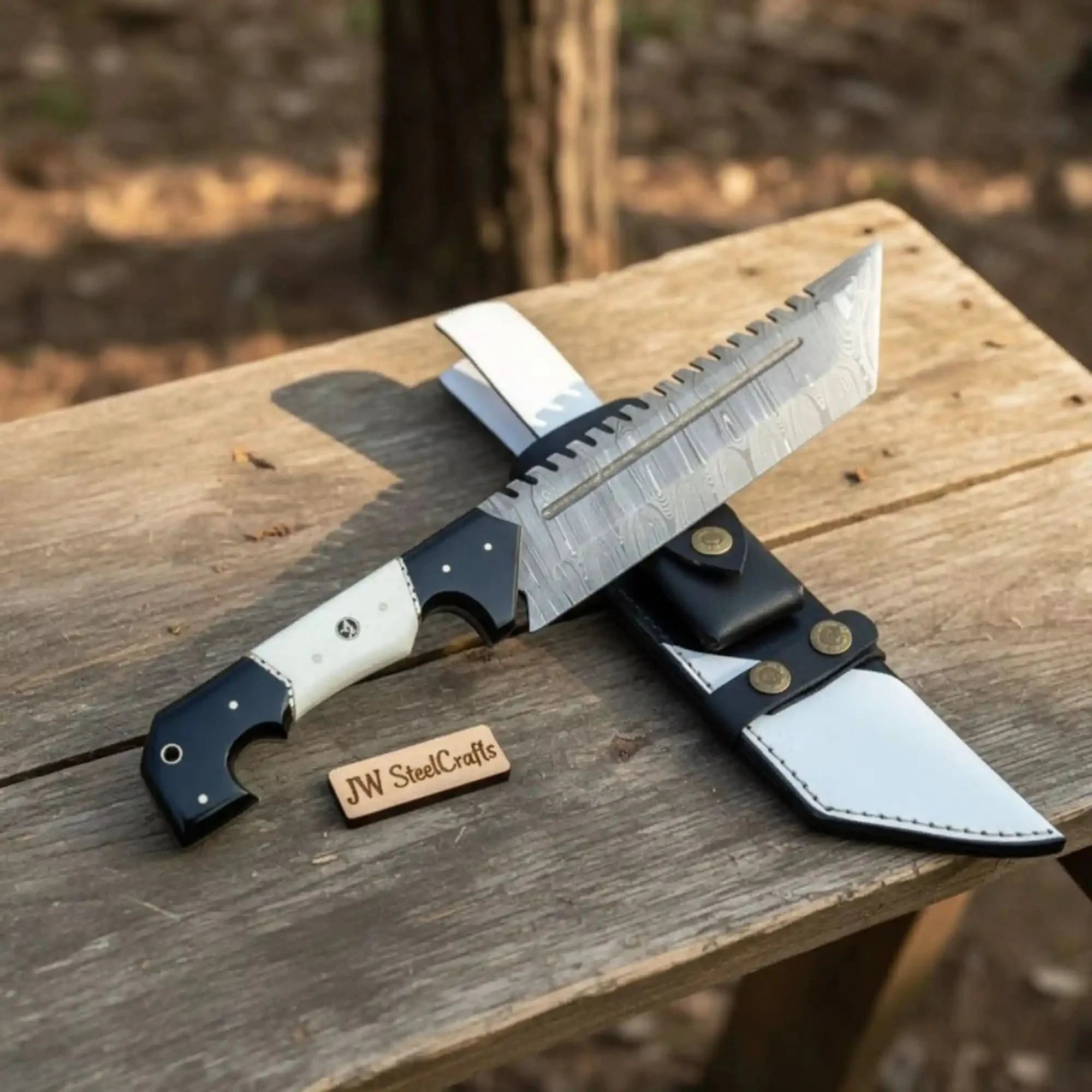Damascus Steel Tracker Knife with Dual-Tone Bone & Black Handle | Handmade Leather Sheath